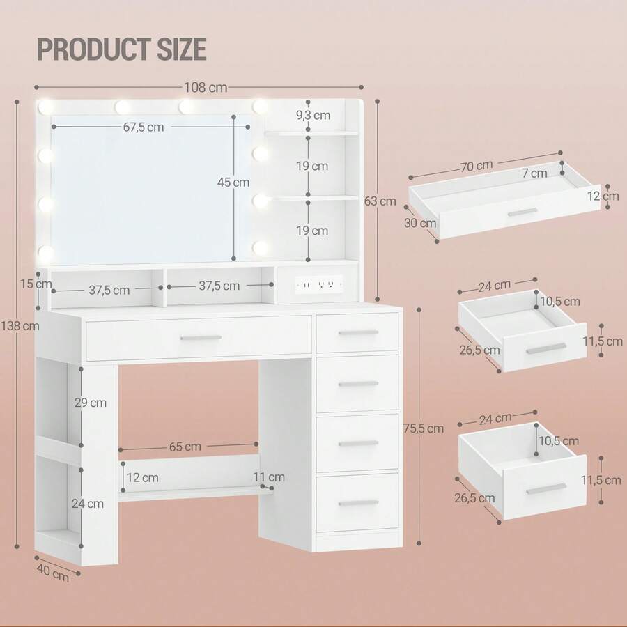 HaluPeit Vanity Desk With Large HD Mirror, Makeup Vanity With Led Lights, Dressing Table With Power Strip, 6 Storage Shelves, 5 Drawers And Side Open Storage, Simple, White