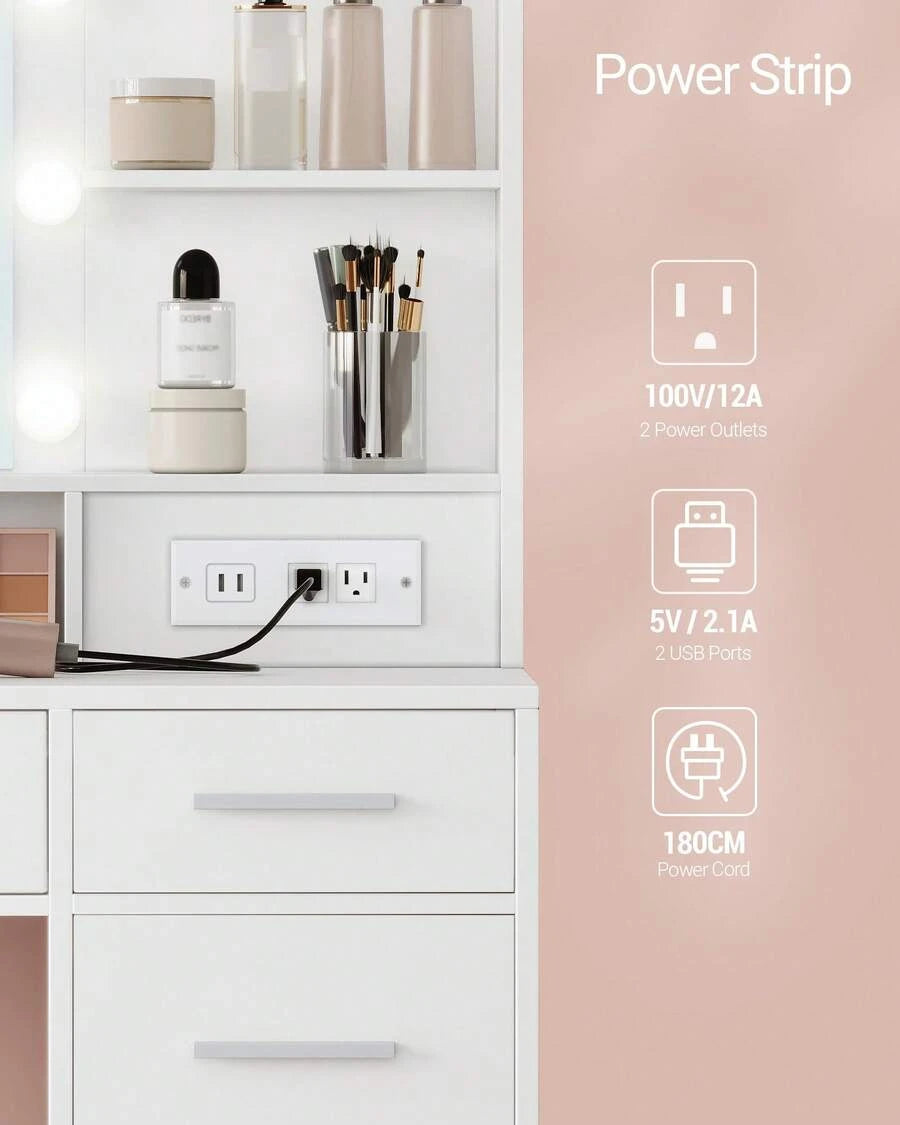 HaluPeit Vanity Desk With Large HD Mirror, Makeup Vanity With Led Lights, Dressing Table With Power Strip, 6 Storage Shelves, 5 Drawers And Side Open Storage, Simple, White