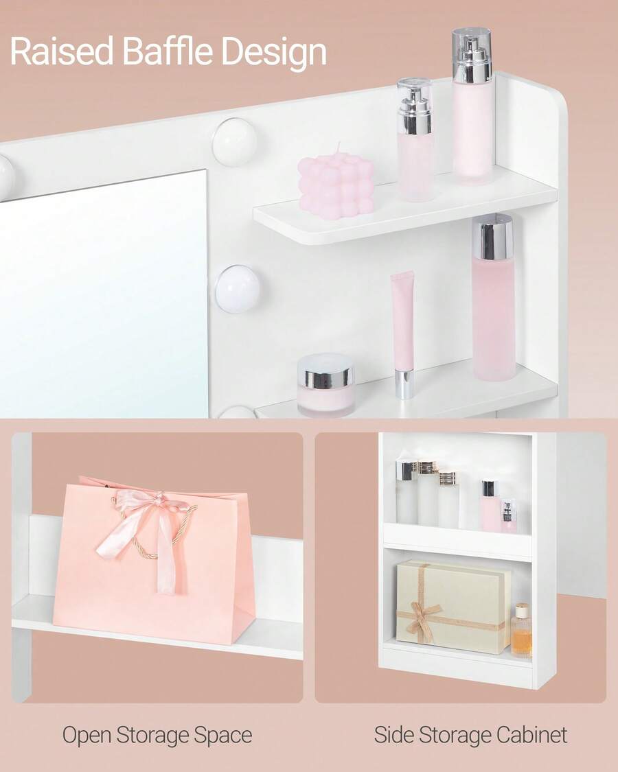 HaluPeit Vanity Desk With Large HD Mirror, Makeup Vanity With Led Lights, Dressing Table With Power Strip, 6 Storage Shelves, 5 Drawers And Side Open Storage, Simple, White