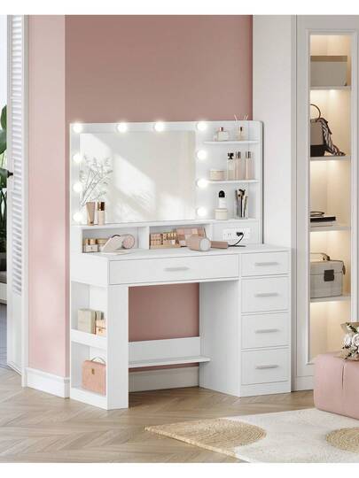 HaluPeit Vanity Desk With Large HD Mirror, Makeup Vanity With Led Lights, Dressing Table With Power Strip, 6 Storage Shelves, 5 Drawers And Side Open Storage, Simple, White