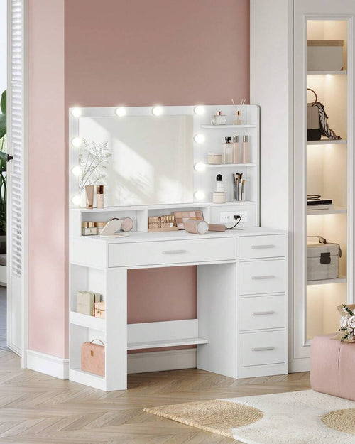 HaluPeit Vanity Desk With Large HD Mirror, Makeup Vanity With Led Lights, Dressing Table With Power Strip, 6 Storage Shelves, 5 Drawers And Side Open Storage, Simple, White