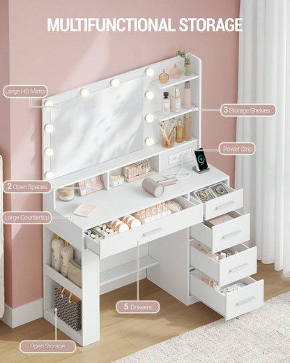 HaluPeit Vanity Desk With Large HD Mirror, Makeup Vanity With Led Lights, Dressing Table With Power Strip, 6 Storage Shelves, 5 Drawers And Side Open Storage, Simple, White