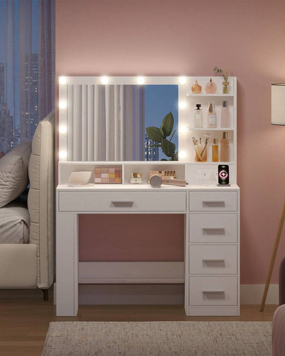 HaluPeit Vanity Desk With Large HD Mirror, Makeup Vanity With Led Lights, Dressing Table With Power Strip, 6 Storage Shelves, 5 Drawers And Side Open Storage, Simple, White