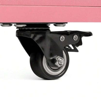 Pink Folding Manicure Desk with Storage and Wheels