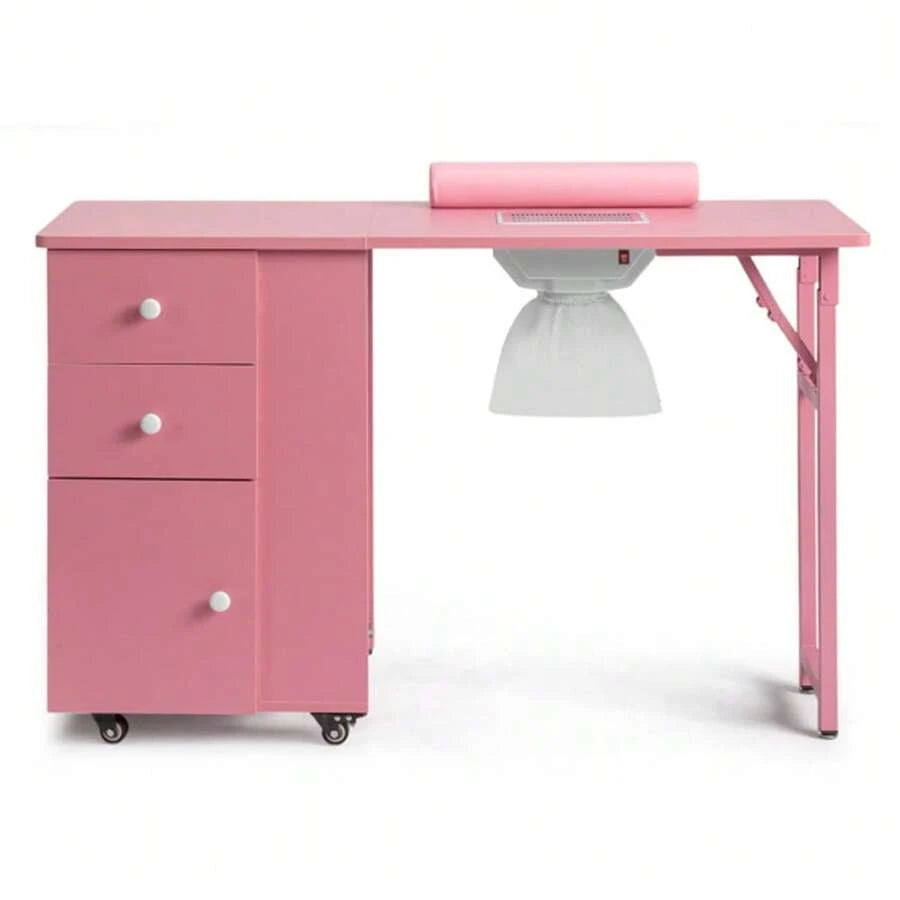 Pink Folding Manicure Desk with Storage and Wheels