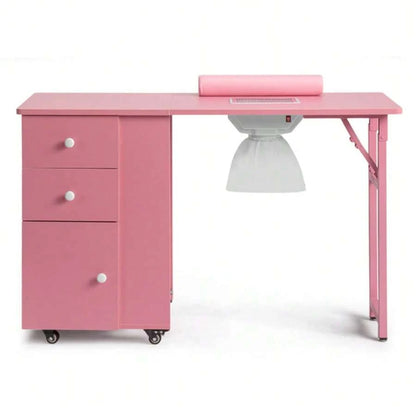 Pink Folding Manicure Desk with Storage and Wheels