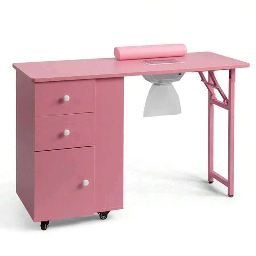 Pink Folding Manicure Desk with Storage and Wheels