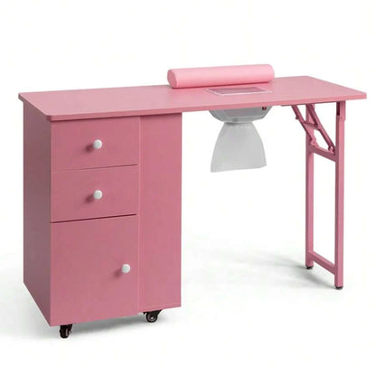 Pink Folding Manicure Desk with Storage and Wheels