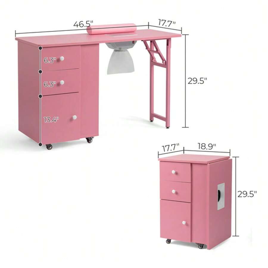 Pink Folding Manicure Desk with Storage and Wheels