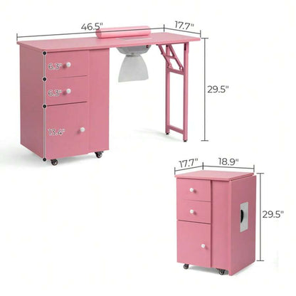 Pink Folding Manicure Desk with Storage and Wheels