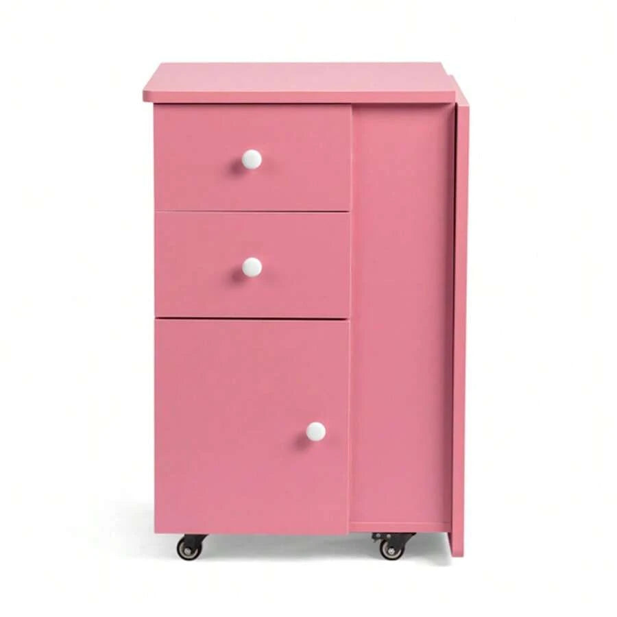 Pink Folding Manicure Desk with Storage and Wheels