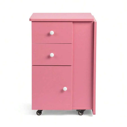 Pink Folding Manicure Desk with Storage and Wheels