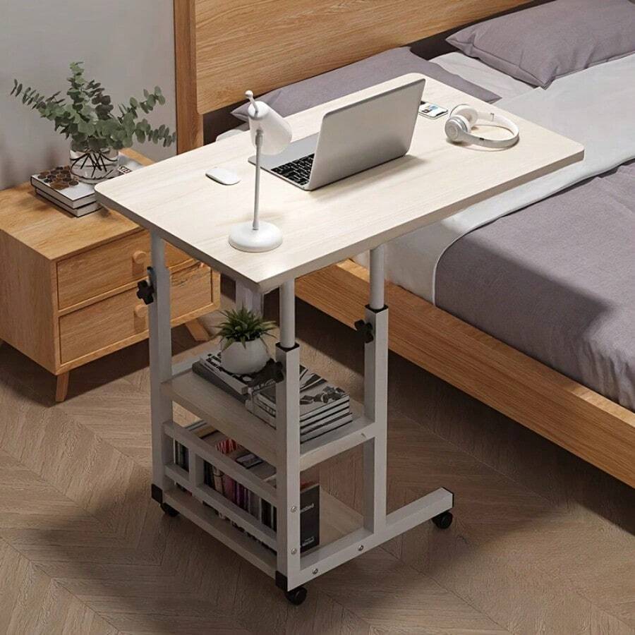 Double-Layer Height-Adjustable Rolling Desk with Storage Rack
