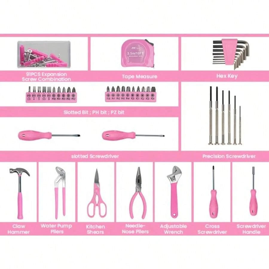 136pcs Portable Pink Hand Tool Kit Household Small Tool Set For Women Toolbox