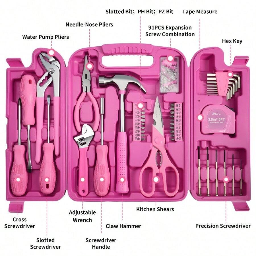 136pcs Portable Pink Hand Tool Kit Household Small Tool Set For Women Toolbox