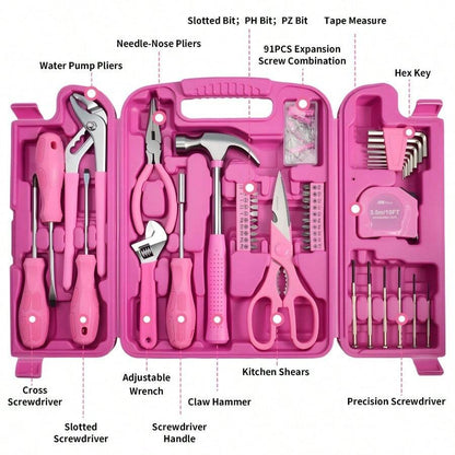 136pcs Portable Pink Hand Tool Kit Household Small Tool Set For Women Toolbox