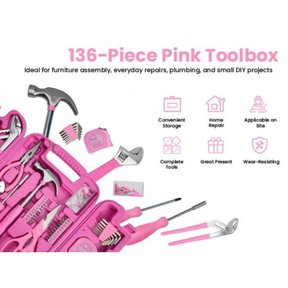 136pcs Portable Pink Hand Tool Kit Household Small Tool Set For Women Toolbox