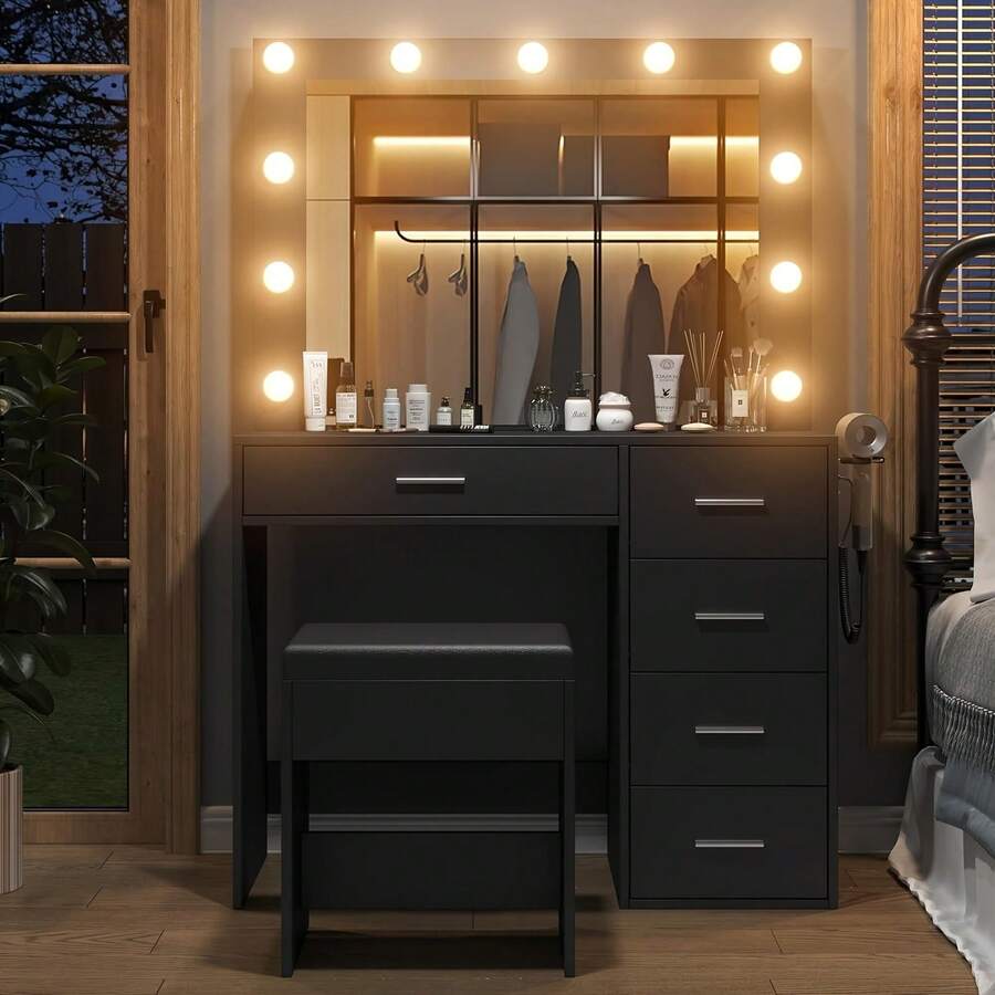 37-Inch Vanity Desk with LED Mirror, Drawers and Stool