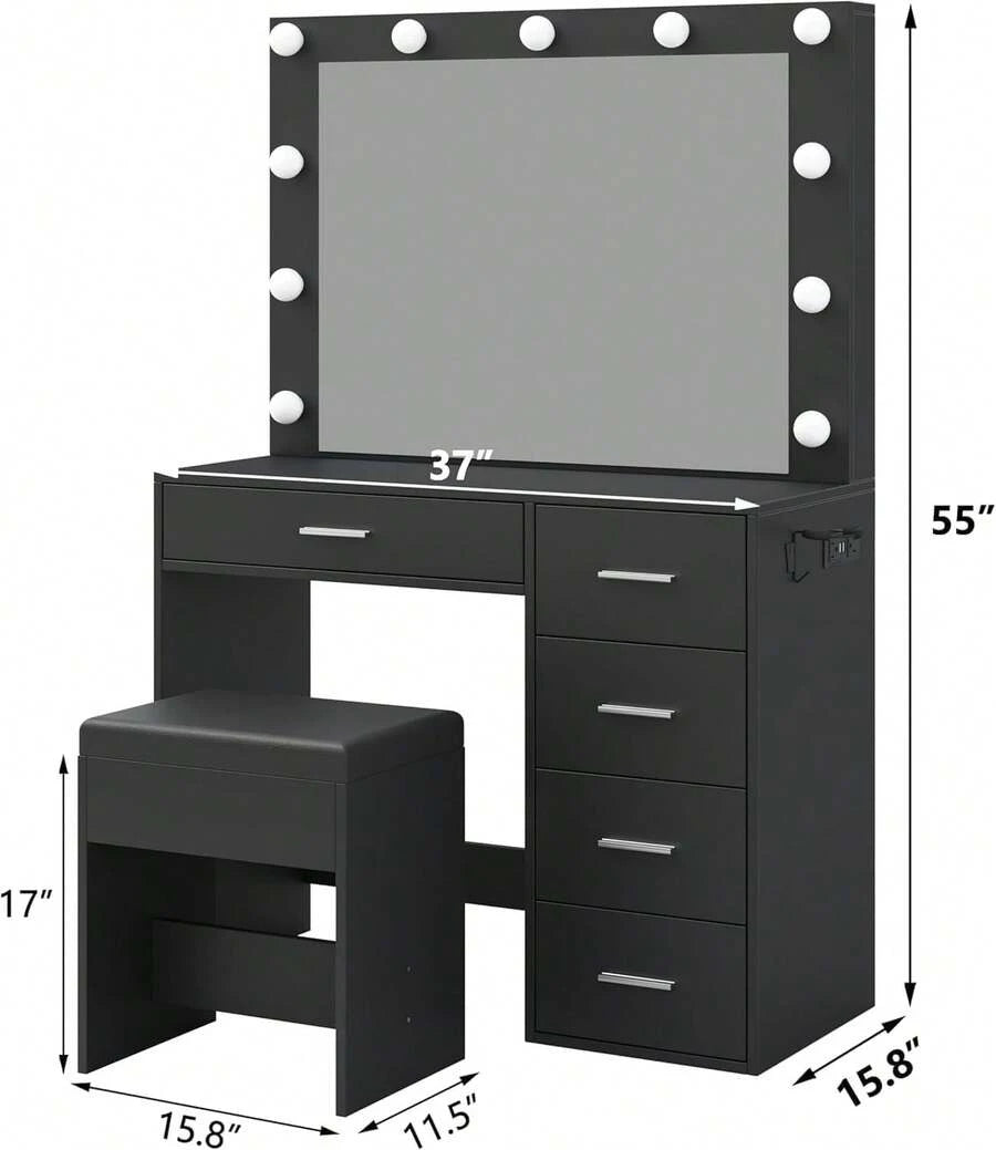37-Inch Vanity Desk with LED Mirror, Drawers and Stool