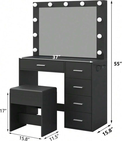 37-Inch Vanity Desk with LED Mirror, Drawers and Stool