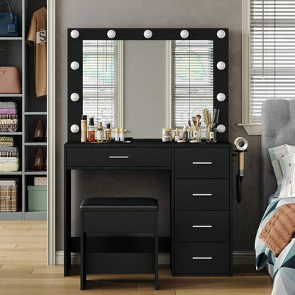 37-Inch Vanity Desk with LED Mirror, Drawers and Stool