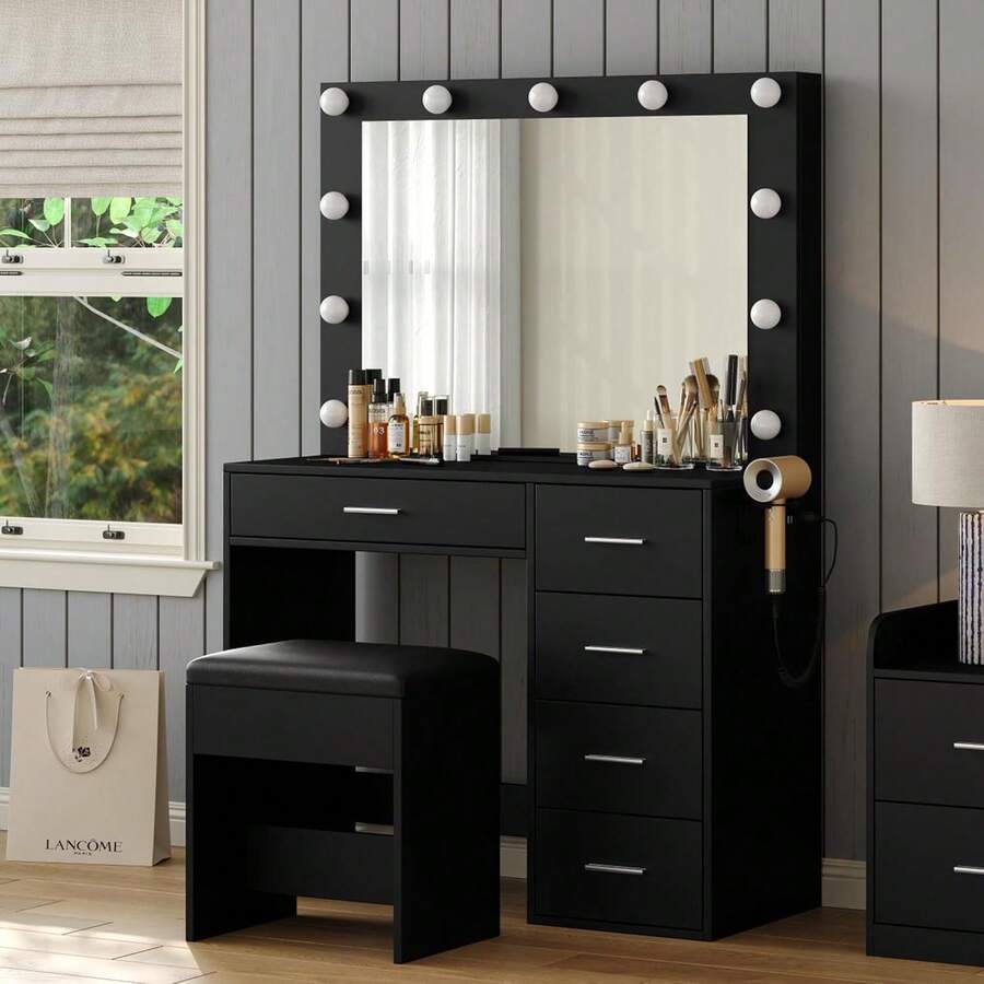 37-Inch Vanity Desk with LED Mirror, Drawers and Stool