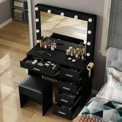 37-Inch Vanity Desk with LED Mirror, Drawers and Stool