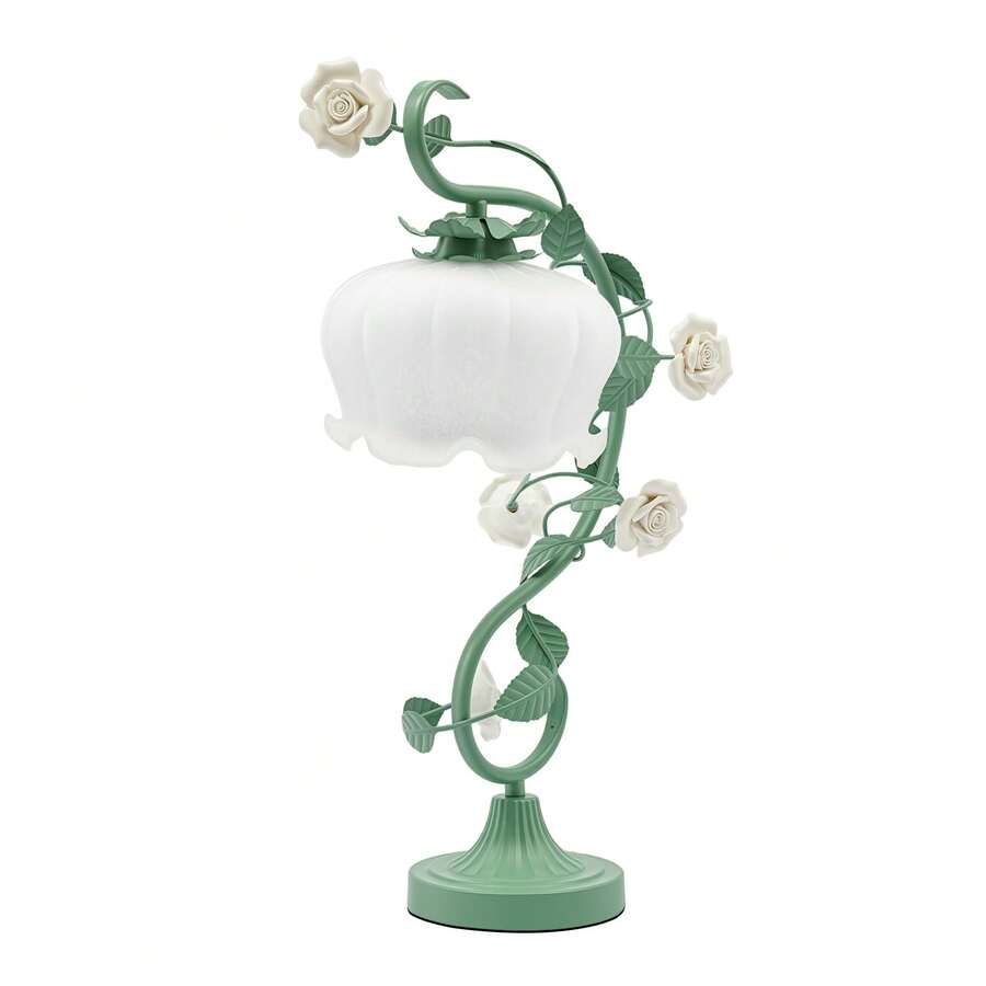 Yoencyme White Green Rose Table Lamp, Cord Glass Ceramic Shade Desk Light, Swan-Neck Bedside Lamp, Home Hotel Bedroom Living Room Decor Light With 7.48" Wide Bent Glass Lampshade, 20" Height