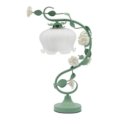 Yoencyme White Green Rose Table Lamp, Cord Glass Ceramic Shade Desk Light, Swan-Neck Bedside Lamp, Home Hotel Bedroom Living Room Decor Light With 7.48" Wide Bent Glass Lampshade, 20" Height
