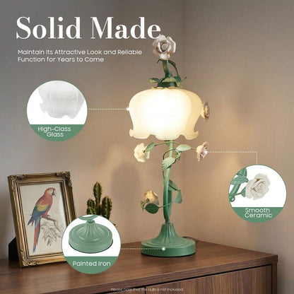 Yoencyme White Green Rose Table Lamp, Cord Glass Ceramic Shade Desk Light, Swan-Neck Bedside Lamp, Home Hotel Bedroom Living Room Decor Light With 7.48" Wide Bent Glass Lampshade, 20" Height