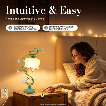 Yoencyme White Green Rose Table Lamp, Cord Glass Ceramic Shade Desk Light, Swan-Neck Bedside Lamp, Home Hotel Bedroom Living Room Decor Light With 7.48" Wide Bent Glass Lampshade, 20" Height