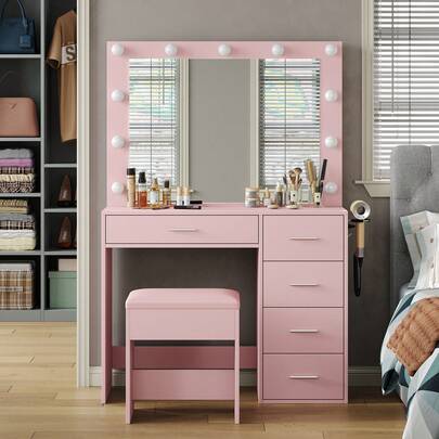 37-Inch Vanity Desk with LED Mirror, Drawers and Stool