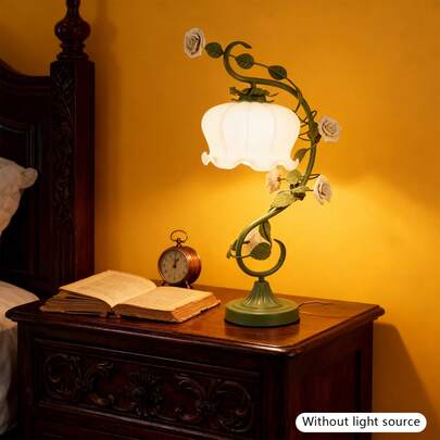Yoencyme White Green Rose Table Lamp, Cord Glass Ceramic Shade Desk Light, Swan-Neck Bedside Lamp, Home Hotel Bedroom Living Room Decor Light With 7.48" Wide Bent Glass Lampshade, 20" Height