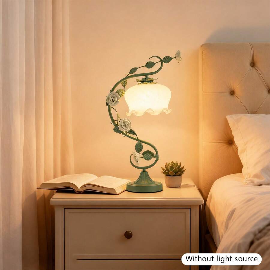 Yoencyme White Green Rose Table Lamp, Cord Glass Ceramic Shade Desk Light, Swan-Neck Bedside Lamp, Home Hotel Bedroom Living Room Decor Light With 7.48" Wide Bent Glass Lampshade, 20" Height