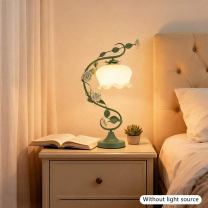 Yoencyme White Green Rose Table Lamp, Cord Glass Ceramic Shade Desk Light, Swan-Neck Bedside Lamp, Home Hotel Bedroom Living Room Decor Light With 7.48" Wide Bent Glass Lampshade, 20" Height