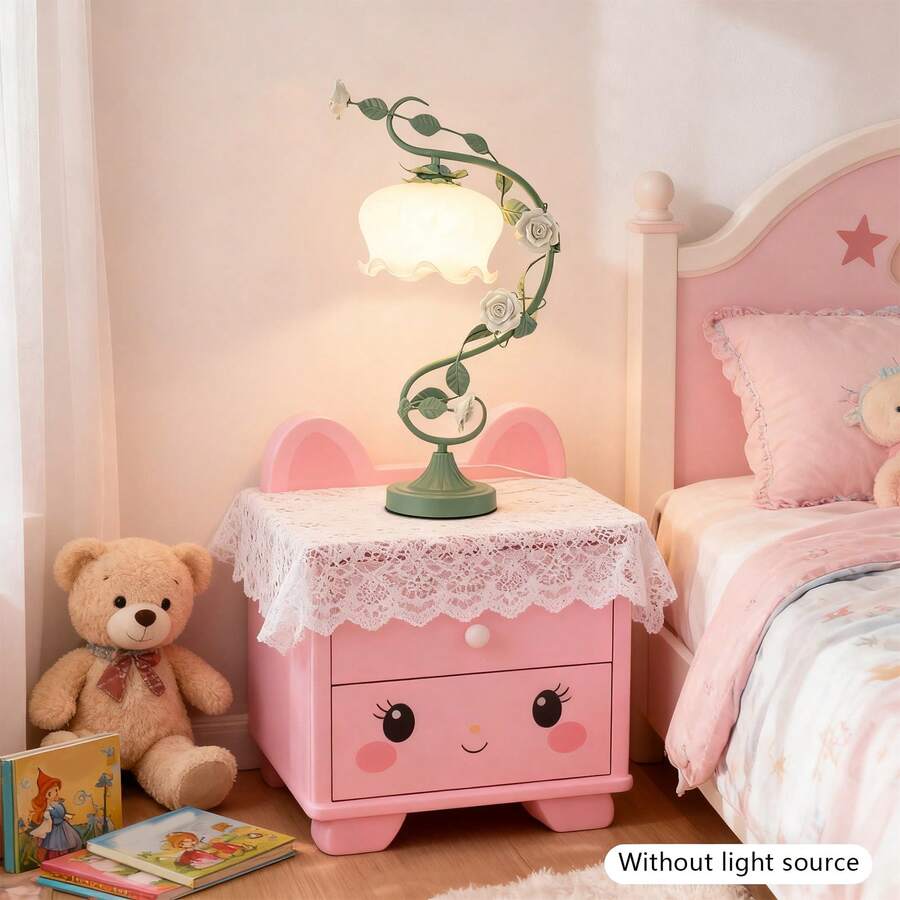Yoencyme White Green Rose Table Lamp, Cord Glass Ceramic Shade Desk Light, Swan-Neck Bedside Lamp, Home Hotel Bedroom Living Room Decor Light With 7.48" Wide Bent Glass Lampshade, 20" Height