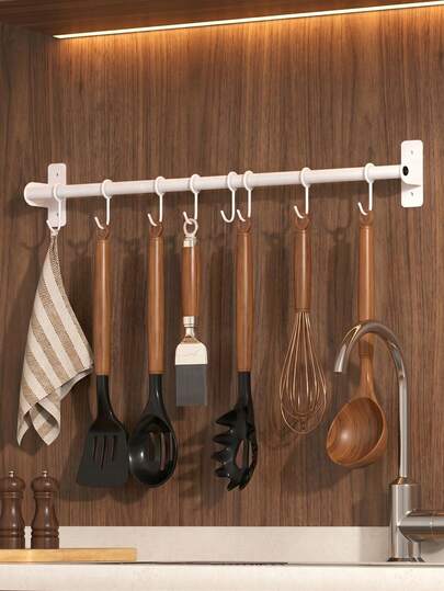 Kitchen Wall Mount Utensil Hanging Rail,Sliding Movable Hooks Storage Rod,Kitchen Spoon Spatula Cooking Tool Organizer Rack,Wall Mount Rail With Sliding Hooks,Multi-Use Kitchen Storage Organizer For Cookware And Dish Towels