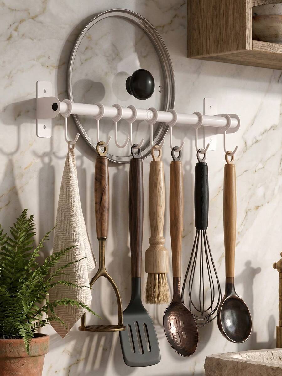 Kitchen Wall Mount Utensil Hanging Rail,Sliding Movable Hooks Storage Rod,Kitchen Spoon Spatula Cooking Tool Organizer Rack,Wall Mount Rail With Sliding Hooks,Multi-Use Kitchen Storage Organizer For Cookware And Dish Towels
