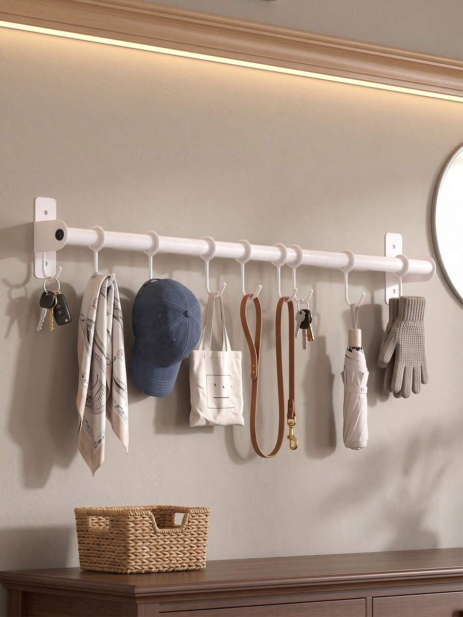 Kitchen Wall Mount Utensil Hanging Rail,Sliding Movable Hooks Storage Rod,Kitchen Spoon Spatula Cooking Tool Organizer Rack,Wall Mount Rail With Sliding Hooks,Multi-Use Kitchen Storage Organizer For Cookware And Dish Towels