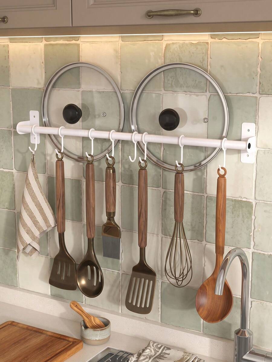 Kitchen Wall Mount Utensil Hanging Rail,Sliding Movable Hooks Storage Rod,Kitchen Spoon Spatula Cooking Tool Organizer Rack,Wall Mount Rail With Sliding Hooks,Multi-Use Kitchen Storage Organizer For Cookware And Dish Towels