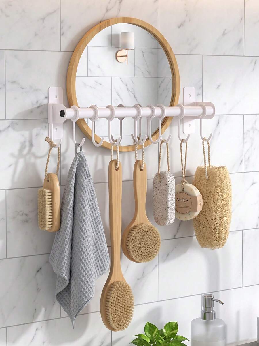 Kitchen Wall Mount Utensil Hanging Rail,Sliding Movable Hooks Storage Rod,Kitchen Spoon Spatula Cooking Tool Organizer Rack,Wall Mount Rail With Sliding Hooks,Multi-Use Kitchen Storage Organizer For Cookware And Dish Towels