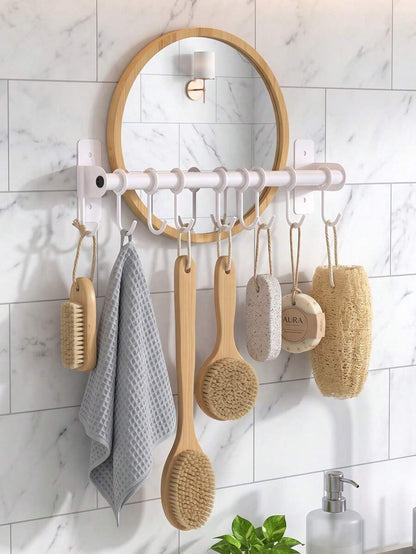 Kitchen Wall Mount Utensil Hanging Rail,Sliding Movable Hooks Storage Rod,Kitchen Spoon Spatula Cooking Tool Organizer Rack,Wall Mount Rail With Sliding Hooks,Multi-Use Kitchen Storage Organizer For Cookware And Dish Towels