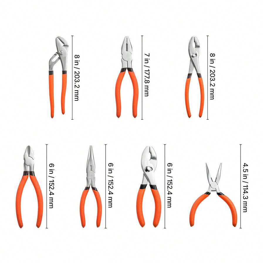 Pliers Set 7-Piece Utility Set Polished Carbon Steel Jaw Hand Tools, For DIY & Home Use, 8" Groove Joint, 7" Combination, 6" Diagonal, 6"/8" Slip Joint, 4.5"/6" Long Nose Pliers, Non-Slip Grips