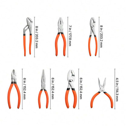 Pliers Set 7-Piece Utility Set Polished Carbon Steel Jaw Hand Tools, For DIY & Home Use, 8" Groove Joint, 7" Combination, 6" Diagonal, 6"/8" Slip Joint, 4.5"/6" Long Nose Pliers, Non-Slip Grips