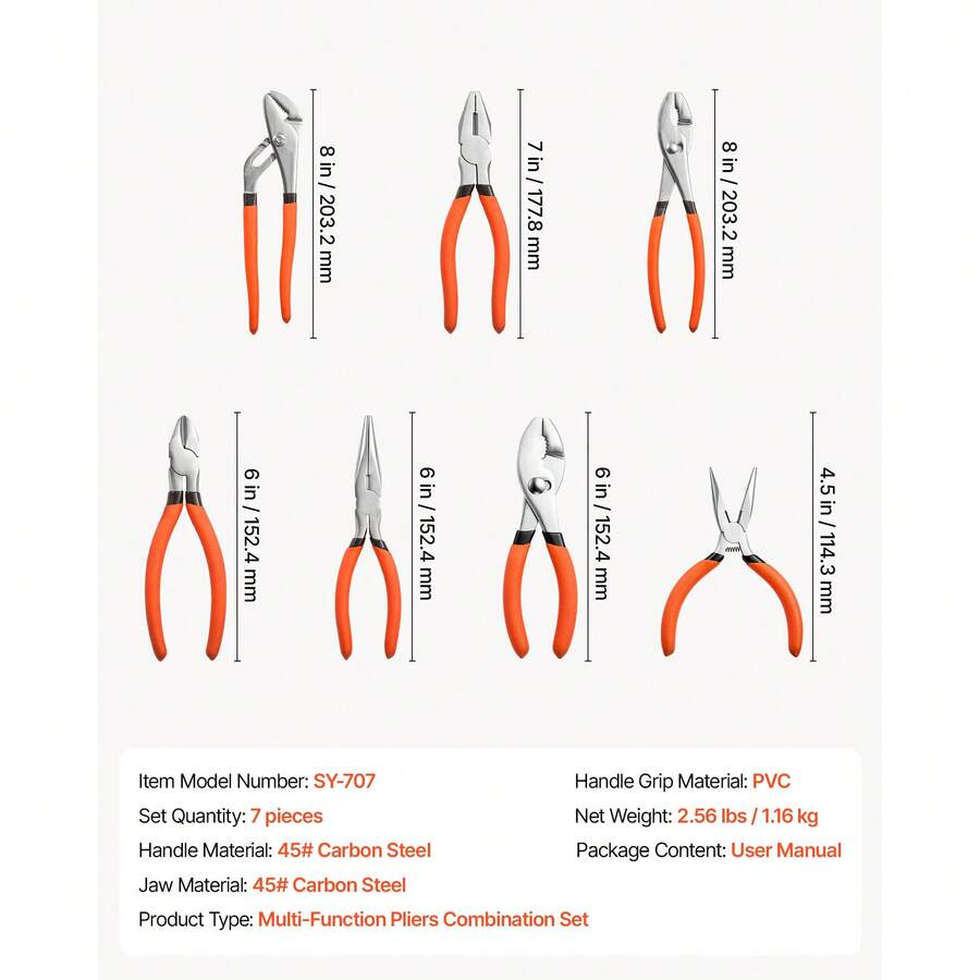 Pliers Set 7-Piece Utility Set Polished Carbon Steel Jaw Hand Tools, For DIY & Home Use, 8" Groove Joint, 7" Combination, 6" Diagonal, 6"/8" Slip Joint, 4.5"/6" Long Nose Pliers, Non-Slip Grips