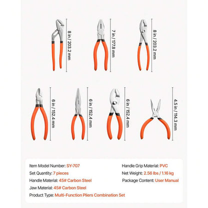 Pliers Set 7-Piece Utility Set Polished Carbon Steel Jaw Hand Tools, For DIY & Home Use, 8" Groove Joint, 7" Combination, 6" Diagonal, 6"/8" Slip Joint, 4.5"/6" Long Nose Pliers, Non-Slip Grips