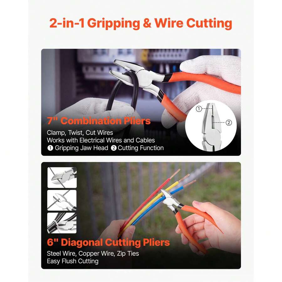 Pliers Set 7-Piece Utility Set Polished Carbon Steel Jaw Hand Tools, For DIY & Home Use, 8" Groove Joint, 7" Combination, 6" Diagonal, 6"/8" Slip Joint, 4.5"/6" Long Nose Pliers, Non-Slip Grips