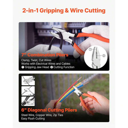 Pliers Set 7-Piece Utility Set Polished Carbon Steel Jaw Hand Tools, For DIY & Home Use, 8" Groove Joint, 7" Combination, 6" Diagonal, 6"/8" Slip Joint, 4.5"/6" Long Nose Pliers, Non-Slip Grips