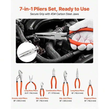 Pliers Set 7-Piece Utility Set Polished Carbon Steel Jaw Hand Tools, For DIY & Home Use, 8" Groove Joint, 7" Combination, 6" Diagonal, 6"/8" Slip Joint, 4.5"/6" Long Nose Pliers, Non-Slip Grips